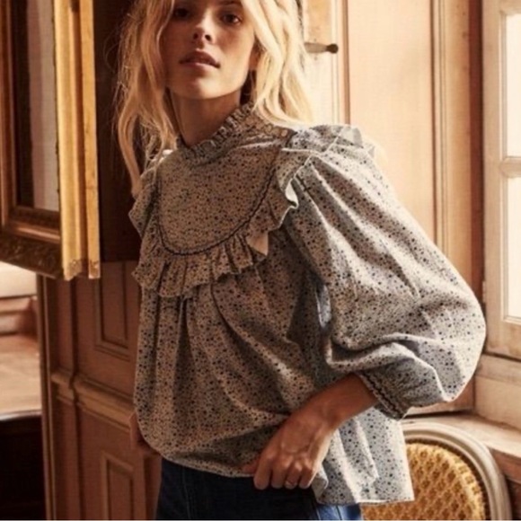 Doen Tops - Doen Raina Ruffle Floral Yoke Blouse - Cream/Blue